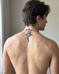 Flamel's Cross semi-permanent tattoo on back of neck